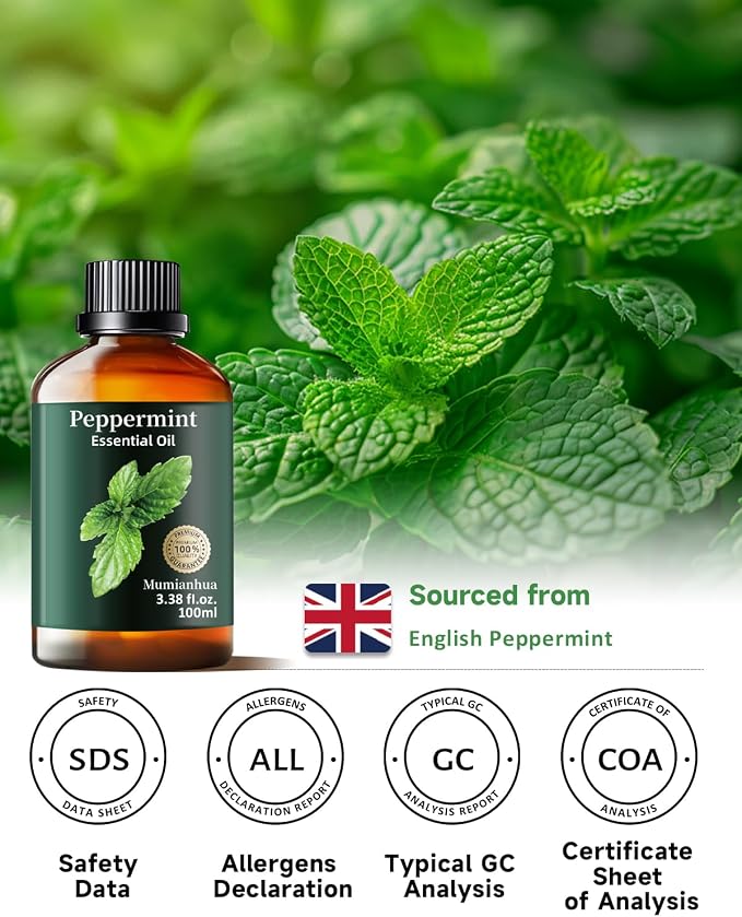 Peppermint Essential Oil, Minty Scent, Diffuser, Outdoor & DIY, 3.38 Fl Oz | Mumianhua Peppermint Oil. Fresh, Cooling Scent. For Focus, Outdoor, Scalp & Skin. DIY Cleaning & Diffusion