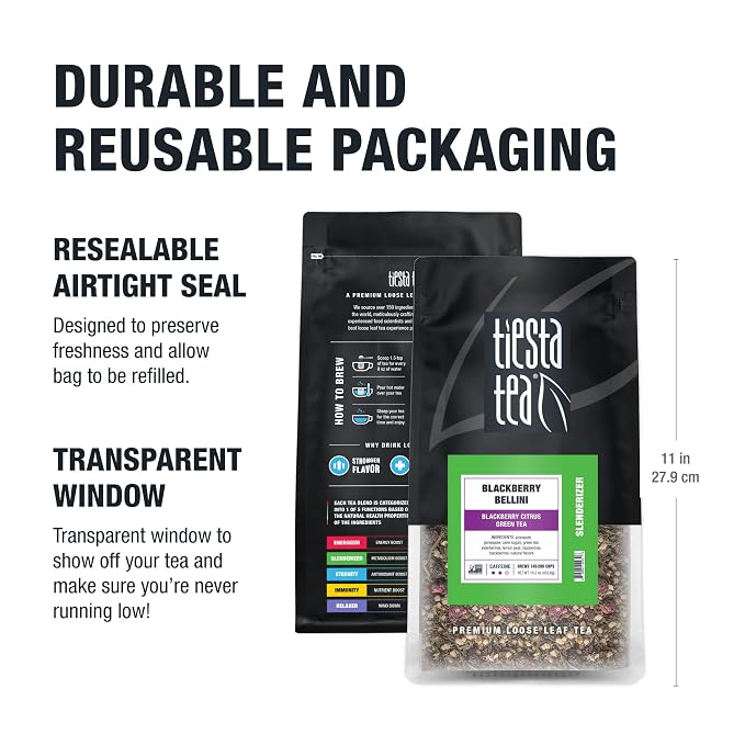 Tiesta Tea - Blackberry Bellini, Premium Loose Leaf Blend, Blackberry Citrus Green Tea, Medium Caffeinated, Refreshing Flavor, Hot or Iced, Up to 200 Cups, 16oz Resealable Bulk Pouch