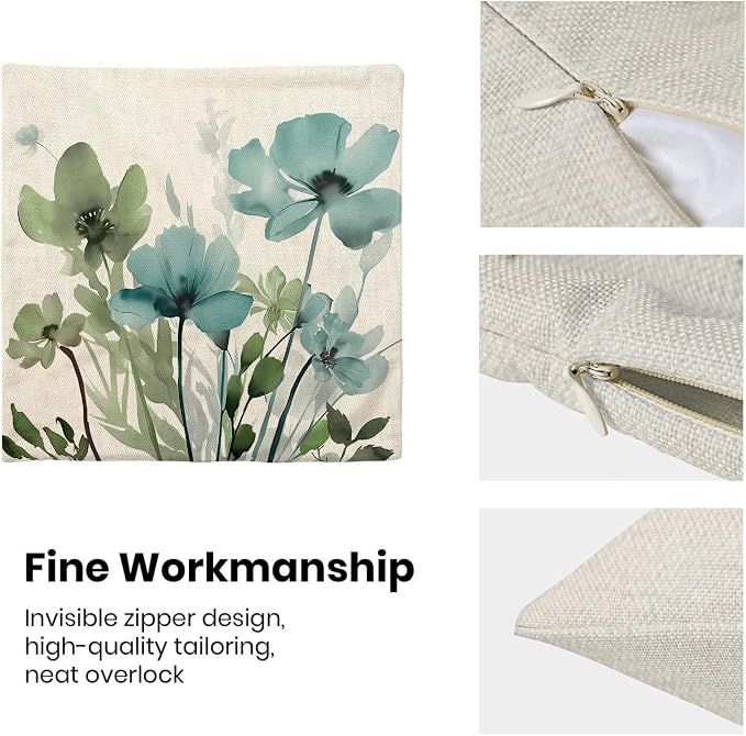 Spring Floral Pillow Covers 18x18 Inches Set of 2 Sage Green Teal Floral Throw Pillow Cover Outdoor Summer Flower Decoration Pillowcase Farmhouse Decorative Linen Cushion Cover for Couch Sofa