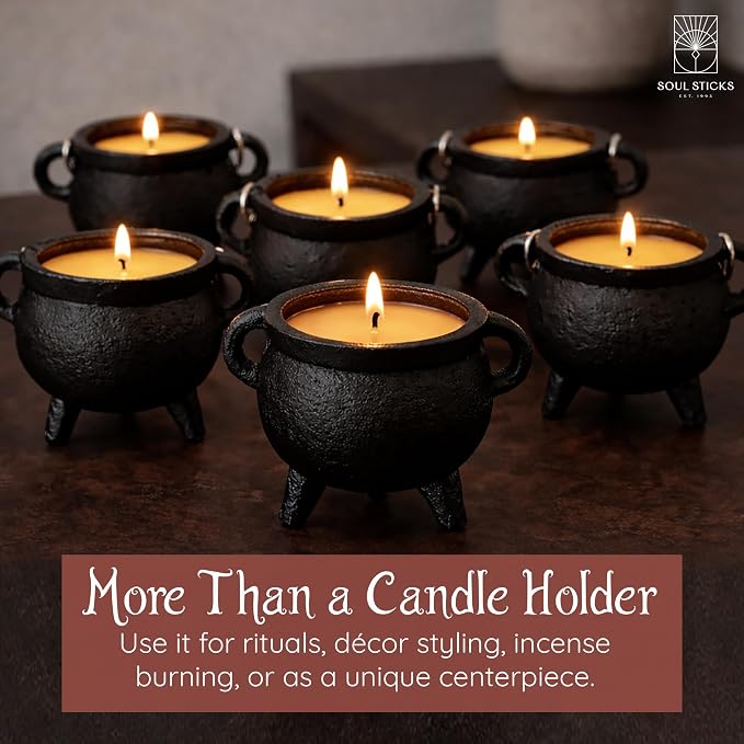 Reusable 4 Inch Cast Iron Cauldron Candle with Lid and Hanging Handle for Spell Casting, Smudging, Ritual & Blessings Pot Belly Witchcraft Candle Aromatherapy Scented (Palo Santo)