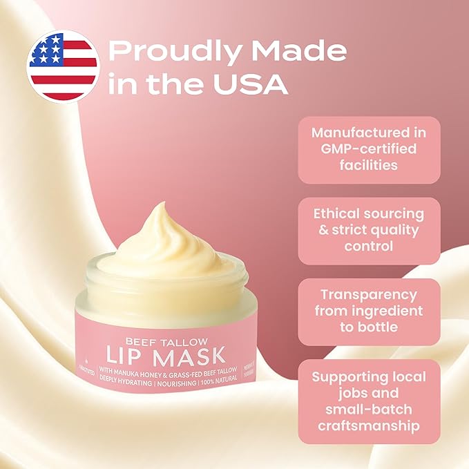 Body Restore Grass Fed Beef Tallow Lip Mask, Manuka Honey – Christmas Stocking Stuffers, White Elephant, Hydrating Moisture, Travel Essentials, Self Care, Birthday Gifts for Women, Men – Unscented