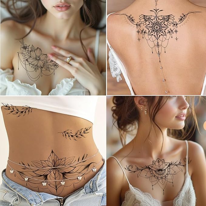 Tazimi 10 Sheets Large Black Flower Chest Underboob Temporary Tattoos for Women &Waist Back Fake Tattoos for girl Adults, Realistic Mandala Flower branch Tattoo Stickers Body Art