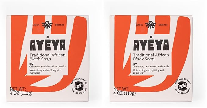 AYÉYA African Black Soap Bar – Joy – Cinnamon, Sandalwood & Vanilla – Warm Scented African Soap for Face & Body – Raw Shea Butter Bar for Dry Skin & Dark Spots (Pack of 2)