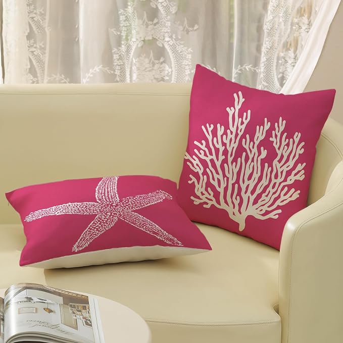 Coastal Pillow Covers 18x18 Inch Set of 2 Hot Pink Coral Starfish Throw Pillows Nautical Ocean Decorations Beach Pillowcase Outdoor Decor Linen Farmhouse Cushion Case for Home Sofa Living Room