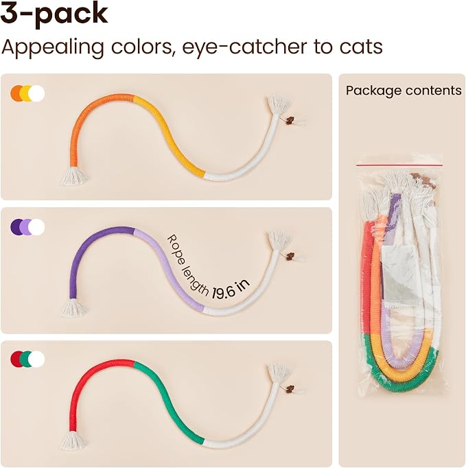 Potaroma Cat Toys Chew Ropes 3Pcs with Refillable Natural Catnip | Safe Teeth Cleaning & Teething for Indoor Kittens, Interactive Cat Nip Kitty Toys for All Breeds 19.5 Inches