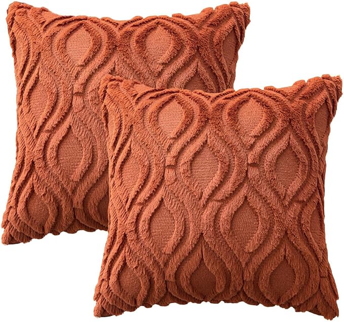 MIULEE Fall Rust Soft Plush Faux Wool Throw Pillow Covers 16x16 | Set of 2, Farmhouse Boho Home Decor, Decorative Cushion Covers for Sofa, Living Room, Bed