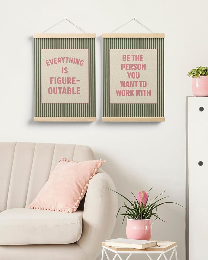 FGFK Positive Affirmations Wall Art Poster Hanger Frame 12x16 Inch,Set of 2 | Pink and Green Motivational Inspirational Quotes Canvas Prints Framed Wall Decor for Home Office Workplace Classroom