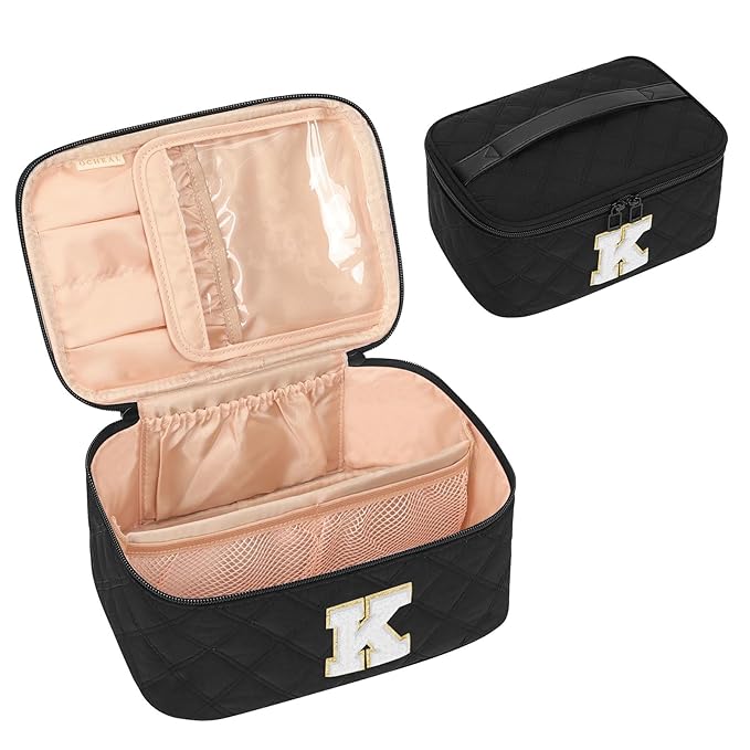 OCHEAL Makeup Bag Valentines Day Gifts for Women, Monogram Cosmetic Bag Black Travel Makeup Case Beauty Toiletry Bag Organizer Personalized Gifts for Girls Bridesmaid, Sister, Wife, Friends Initial K