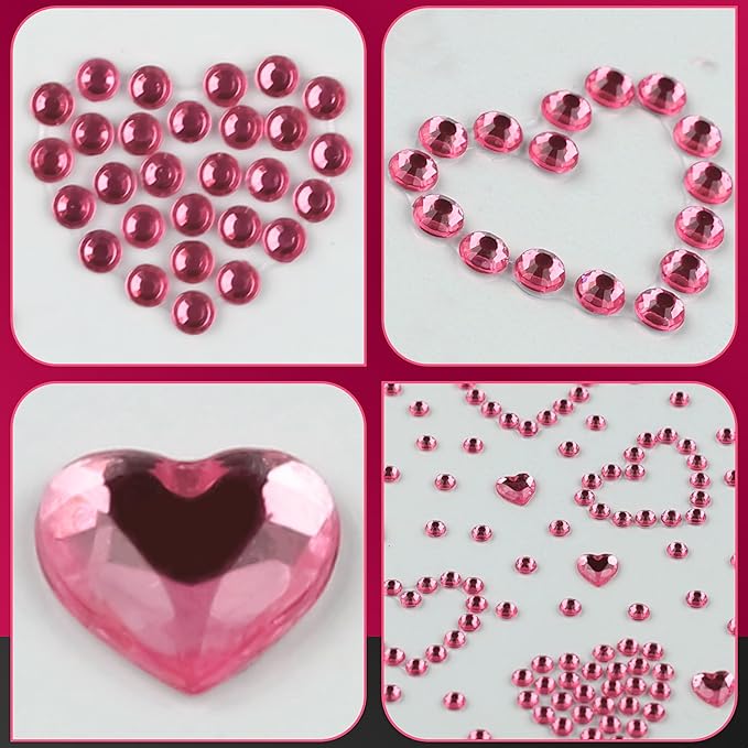 3 Sheers Pink Heart Rhinestone Sticker Acrylic Heart Gems Stickers Self Adhesive Face Jewels Stick On Face Eye Nail Body Crystal Pearls Jewels Face Sticker Decorative Stickers for Valentine's Day