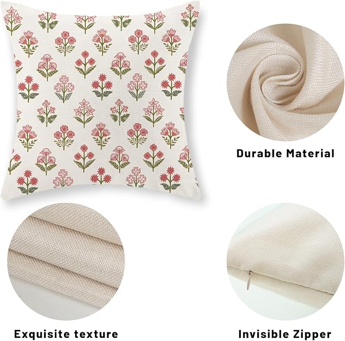Farmhouse Floral Block Print Pillow Covers 18x18 Set of 2, Vintage Rustic Decorative Throw Pillows Modern Flower Cushion Covers for Sofa Couch Bed Living Room Home Decor, Sage Green Pink