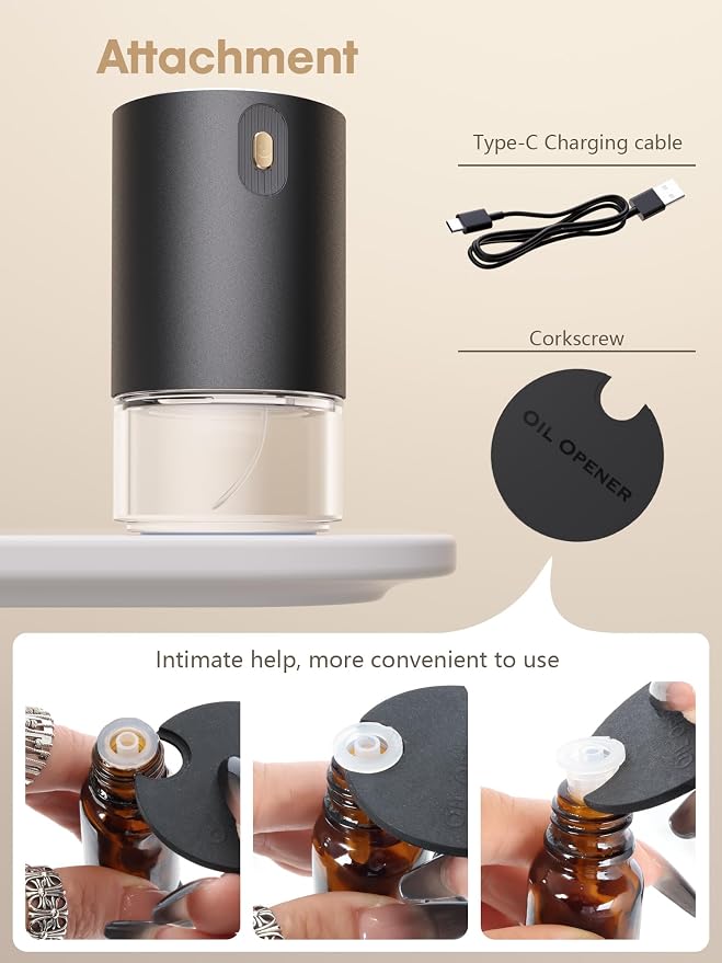 Waterless Oil Diffuser for Home, Car, Office - Rechargeable Scent & Essential Oil Diffuser, 4 Mist Modes and 1/2/4/6 Hour Timer, Portable Cordless Aromatherapy, Spill-Proof Metal Design - Black