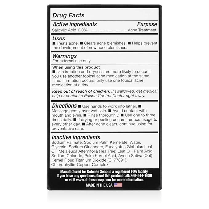 Defense Acne Care Bar Soap 4.2oz | contains 2% Salicylic Acid, Tea Tree & Eucalyptus Essential Oils & Oatmeal (Pack of 5)