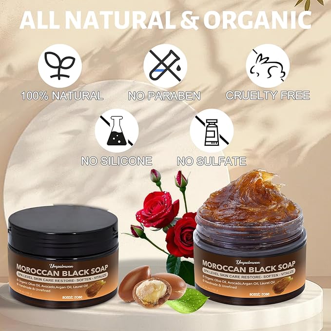 2 PCS Moroccan Black Soap with Argan and Rose Oil, SPA Level Handmade Black Beldi Soap Exfoliating and Softening, Natural and Organic for Face, Body, Hair and Shave, Rose Scent, 5.29 oz/150 g