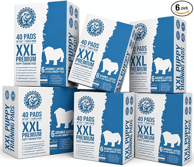Bulldogology Premium XXL Puppy Pee Pads with Adhesive Sticky Tape Extra Large Dog Training Wee Pads 6 Layer Absorbent Bullsorbent Technology White 240 Count 30 x 36