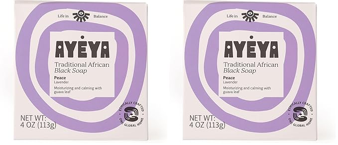 AYÉYA African Black Soap Bar – Peace – Lavender – Calming Raw African Black Soap for Face & Body – Natural Bar for Acne, Dark Spots & Sensitive Skin (Pack of 2)