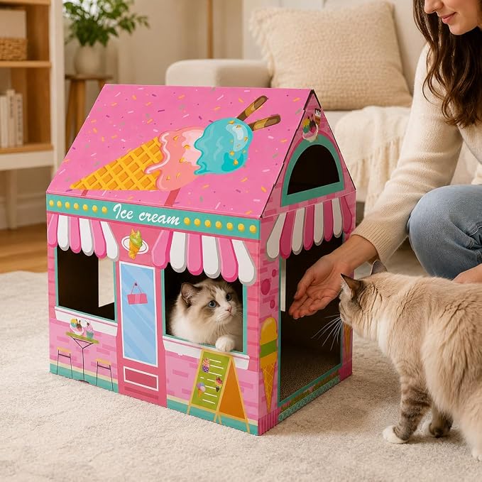Cinrobiye Cardboard Cat House with Scratcher, Indoor Cat Condo Cat Cave Hideout with Scratch Pad, Cardboard Cat Playhouse Bed for Cats, Kittens, Rabbits & Small Pets (Ice Cream)