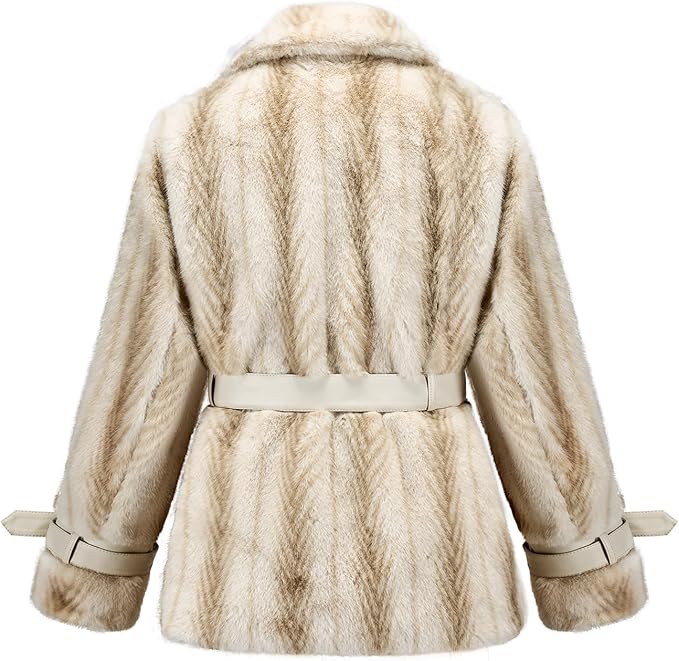 GRAN ORIENTE Womens Belted Winter Faux Fur Coats, Cropped Fuzzy Cuff Furry Zipper Up Warm Jackets Outwear