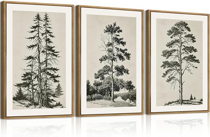 ANHUIB Vintage Tree Sketch Framed Canvas Wall Art 16x24 Inch Neutral Wilderness Forest Paintings Retro Botanical Wall Decor Set of 3 Black and White Landscape Prints for Living Room Bedroom Office