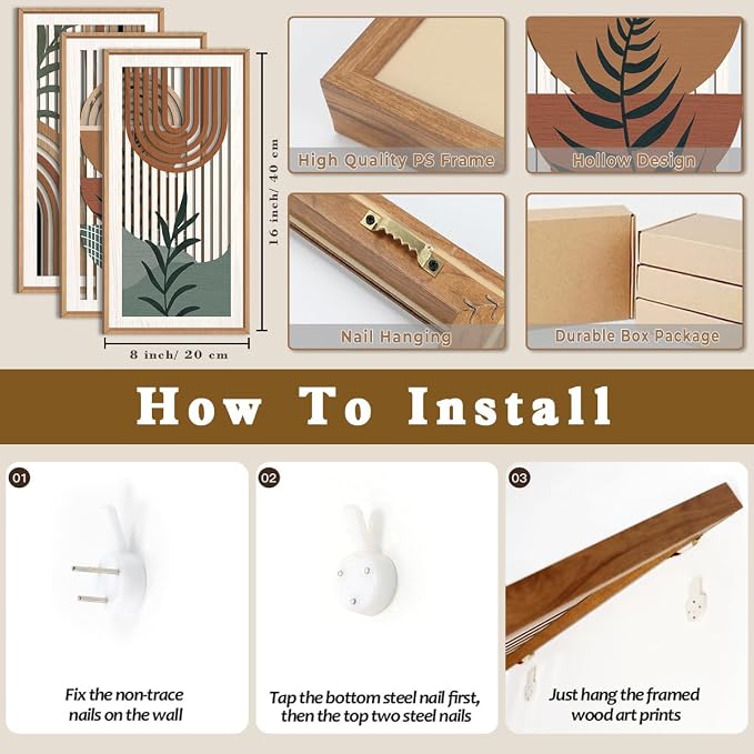 IARTTOP Boho Wood Wall Art Framed 8x16 Inch Set of 3 Mid-century Modern Abstract Wooden Wall Decor Minimalist Plant Artwork for Living room Bedroom Office
