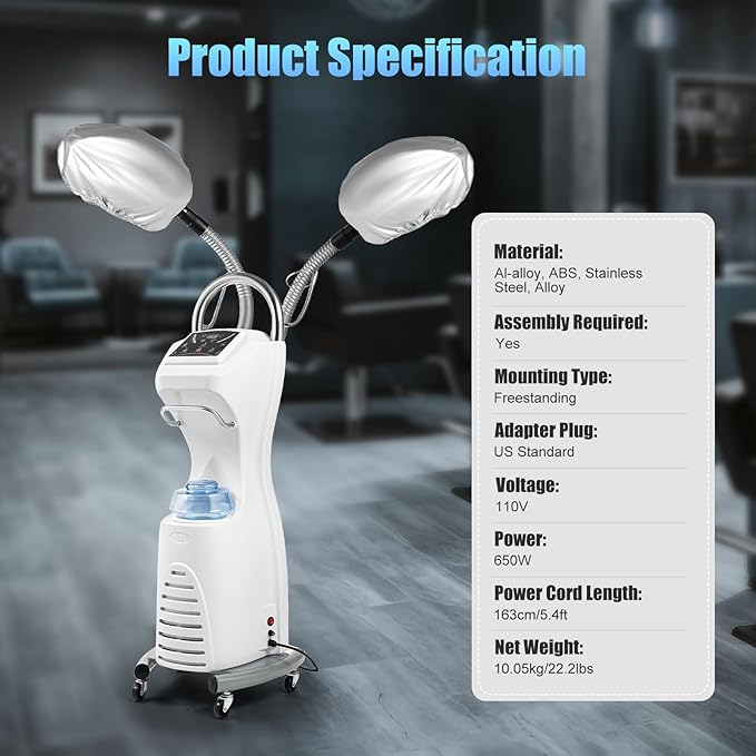 Professional Stand Hair Steamer, 7 in 1 Hair Color Processor, 650W Professional Hair Treatment Machine, Freestanding Stand SPA Machine with Rolling Base