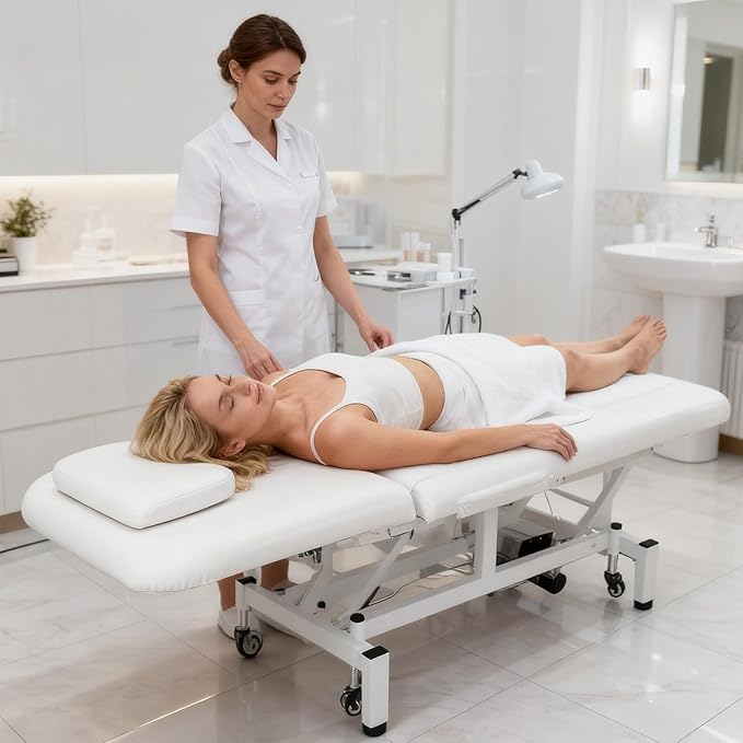 OmySalon 2 Motors Electric Lift Massage Table, Heavy Duty Treatment Bed, Adjustable Height & Backrest Facial Bed for Professional Physical Therapy, Medical Spa, Esthetician, Treatment, Salon (White)