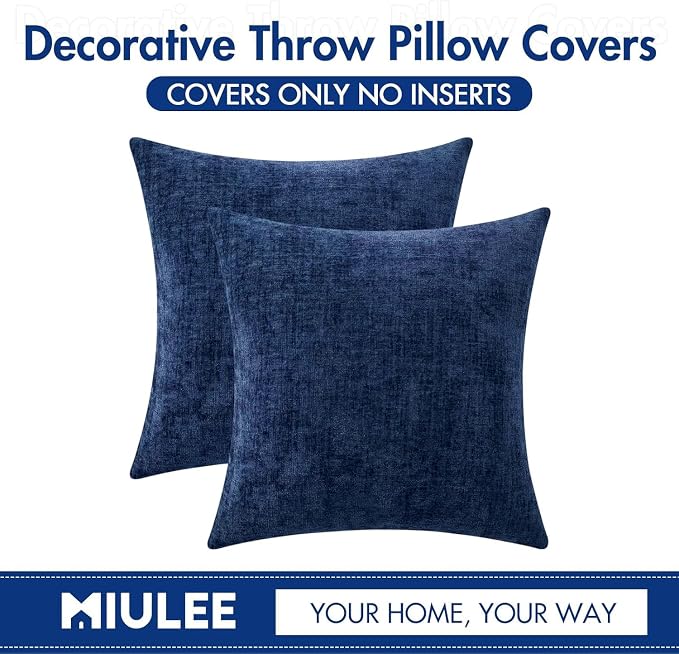 MIULEE Soft Chenille Throw Pillow Covers Navy Blue 16x16 Inch Pack of 2 | Modern Coastal Home Decor, Classic Decorative Pillows, Solid Dyed Cases, Boho Couch Cushion Covers for Sofa Bed Living Room