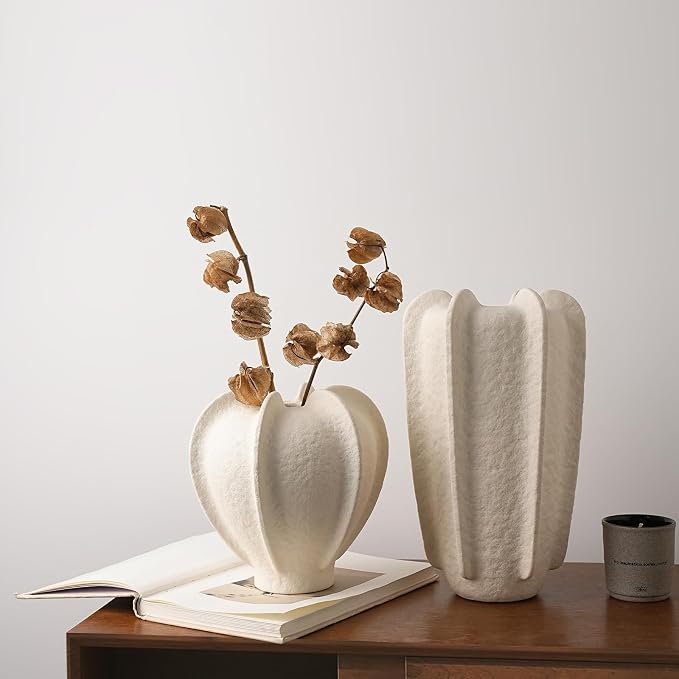 Ceramic Flower Vase Home Decor,9.1" Rustic Vintage Starfruit Shaped Beige Terracotta Vases,Modern Boho Living Room Farmhouse Table Vases Living Room Decor,Shelf Coffee Dining Desk Fireplace