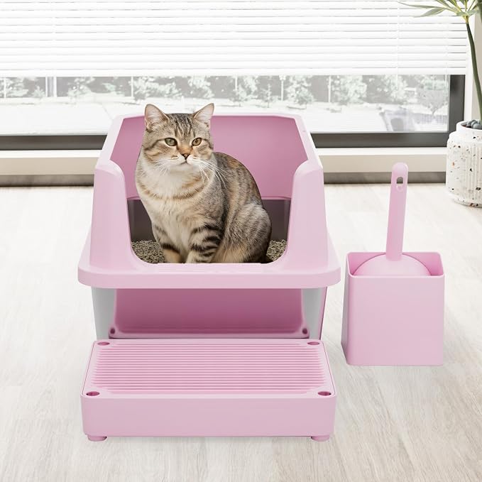 RIZZARI Cat Litter Box Anti-Scatter: Open-Room for Large Cats & Multi-Home | Odor-Free Steel Pan / Paw-Massage Entry Trap / Raised Anti-Spill Edges / Fits Maine Coon & 2+ Cats / Easy-Scoop Open View