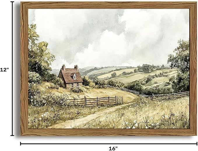 Framed Vintage Canvas Wall Art, Cottage Landscape Wall Decor Paintings, Rustic Farmhouse Pictures Prints Aesthetic Home Decor for Living Room Bedroom Bathroom 12x16 inch