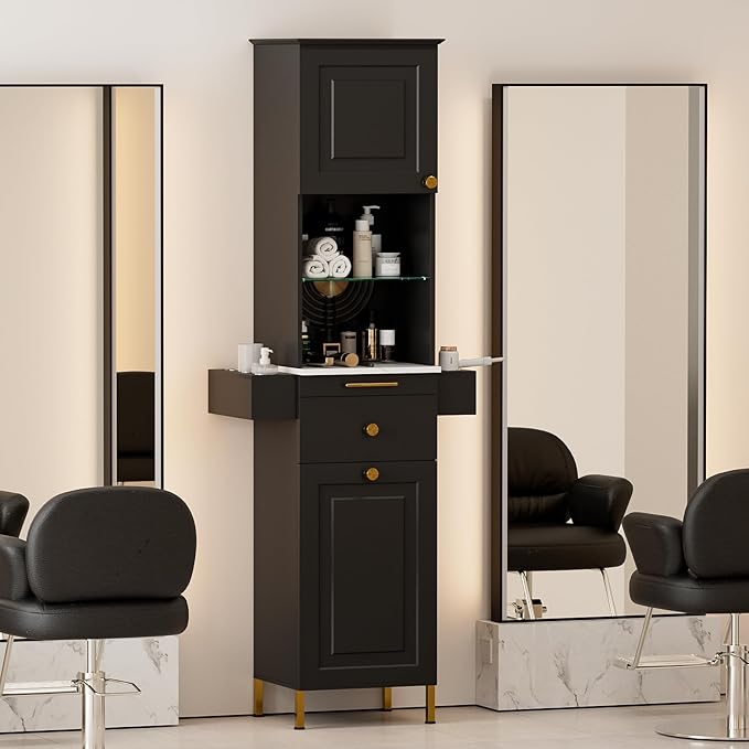 Paddie Barber Station Hair Salon Station, Salon Stations for Hair Stylist, Beauty Salon Spa Equipment w/Glass Shelf, 2 Storage Cabinet & Drawers, 6 Hair Dryer Holders for Hair Styling(Black)