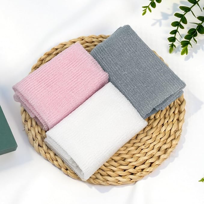 Bathway Exfoliating Washcloth, Nylon Bath Towel Body Scrubber with Hanging Strap, Back Scrubber for Shower Japanese Washcloth Loofah - Deep Clean & Rich Lather (Pink & White & Grey, Pack of 3)