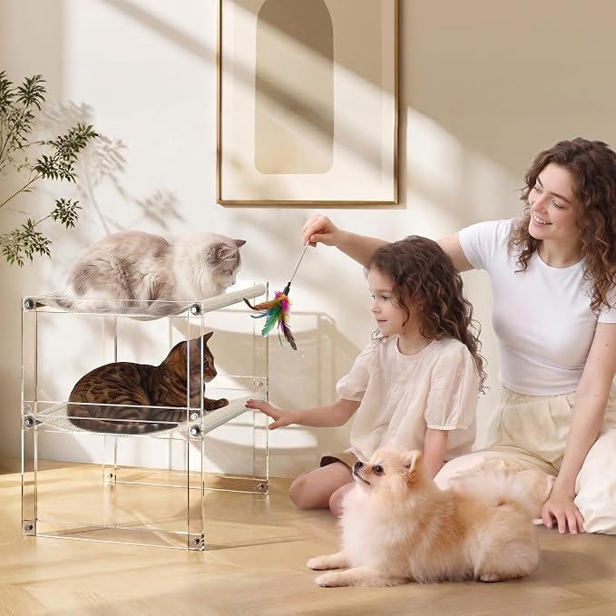 Acrylic Cat Hammock Bed, Elevated Cat Bed with Breathable Woven Mat, Sturdy Clear Cat Perch for Indoor Cats, Kittens, Small Dogs, Space-Saving Cat Furniture for Home Decor