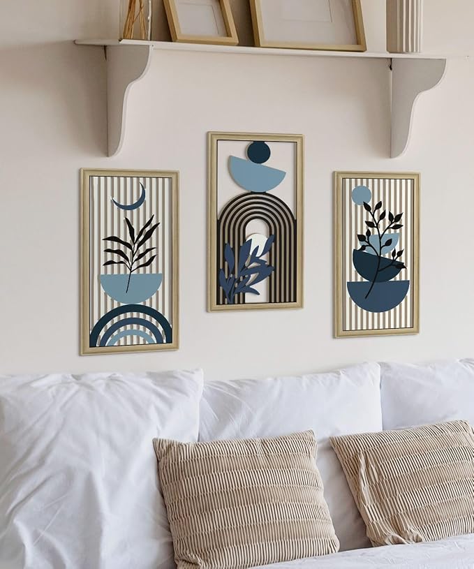 Putuo Decor Boho Abstract Wall Art, Set of 3, Modern Botanical Wooden Wall Decor, Blue Mid-Century Minimalist Framed Artwork for Living Room Bedroom, Office
