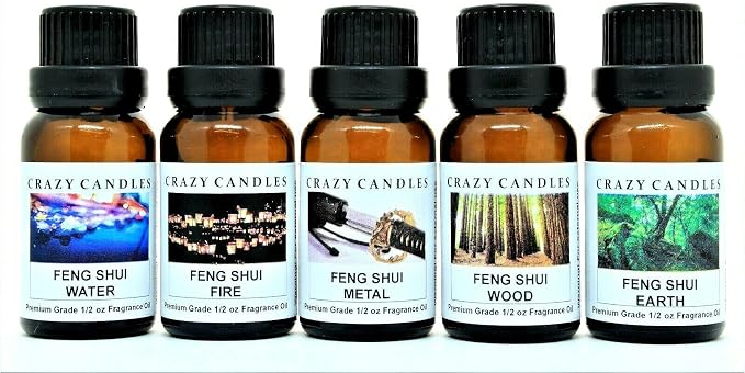 Crazy Candles 5 Bottles Set, Feng Shui Collection: Wood, Metal, Water, Fire, Earth 1/2 Fl Oz Each (15ml) Premium Grade Scented Fragrance Oils