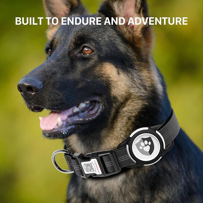 Waterproof AirTag Dog Collar with QR Code Dog Tag, Black XS | IP68 waterproof, QR code dog tag, Anti-Lost, Online profile, fits XS-L (8"-26"), Padded nylon, Reflective, No App, No Fees