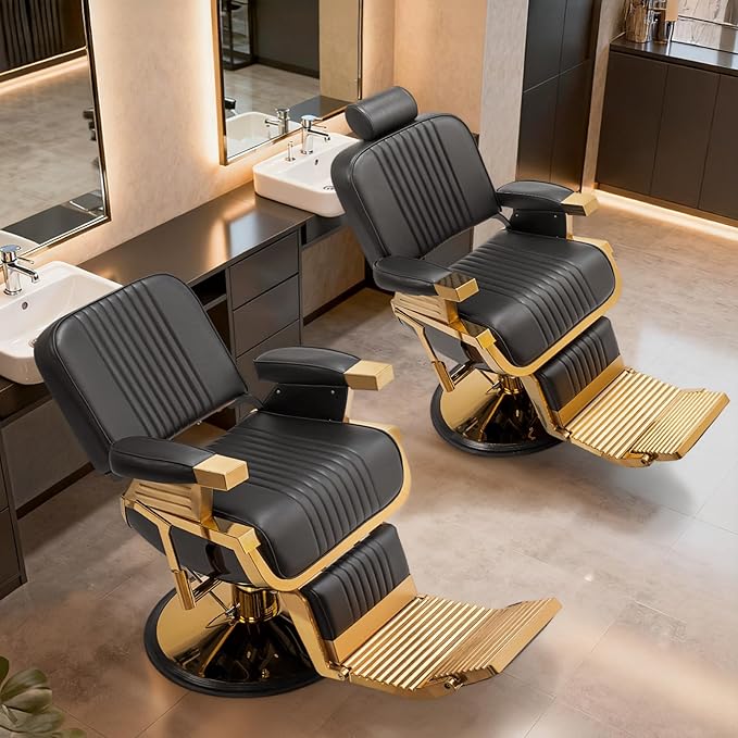 Winado Heavy Duty Vintage Barber Chair, Hydraulic Reclining Salon Chairs for Hair Stylist with Footrest & Headrest, 360° Swivel All Purpose Chair Salon Beauty Spa Shampoo Equipment, Black & Gold