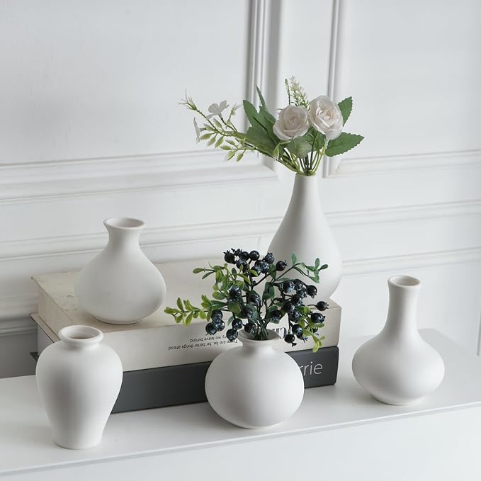 Tanvecle Small White Vases, Ceramic Bud Vase Set of 5, Mini Pottery Vases for Pampas Grass, Flowers, Decorative Vases for Home Modern Decor, Rustic Decor, Veses for Living Room Dining Table Shelves