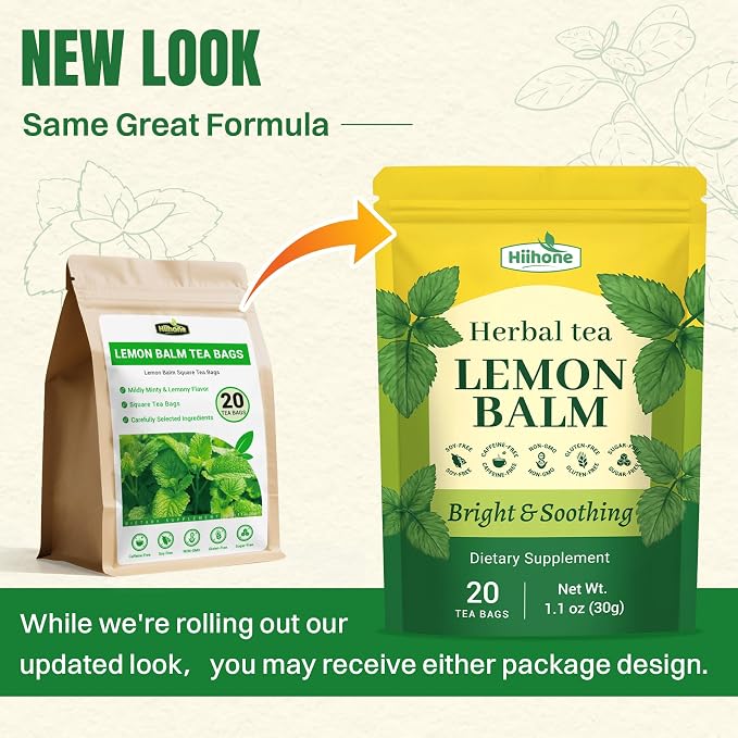 Hiihone Lemon Balm Tea Bags 20 Count – Pure & Natural Lemon Balm Tea, Caffeine-Free Herbal Tea, Calming & Soothing, Non-GMO, Fresh Citrusy Flavor