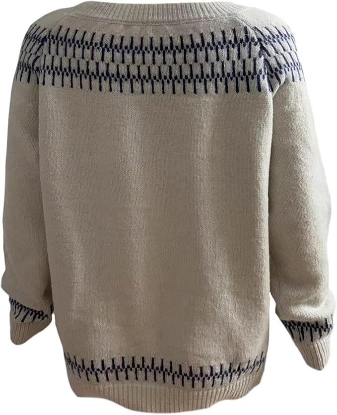 Zhyaj Fair Isle Sweater for Womens Winter Long Sleeve Vintage Knitted Sweater Casual Fall Crew Neck Pullover Sweaters