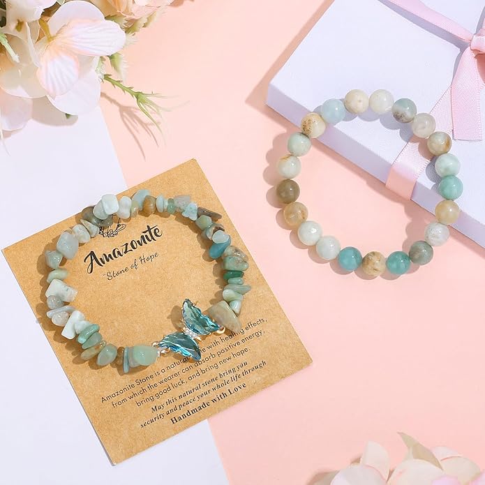 DUQGUHO 2Pcs Butterfly Bracelets for Women Healing Crystals Bracelets for Women Natural Gemstone Bead Bracelet Cute Butterfly Charm Bracelet Stretch 8mm Crystal Jewelry Gifts for Women