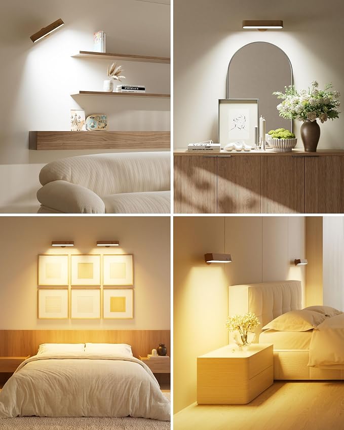 Rechargeable Wall Sconces Set of Two, Walnut Wood Battery Operated Wall Sconce, Magnetic Wall Lights for Bedroom with Remote & Touch Control, 15 RGB, 360° Rotatable Dimmable LED Wall Lamp 3 Color