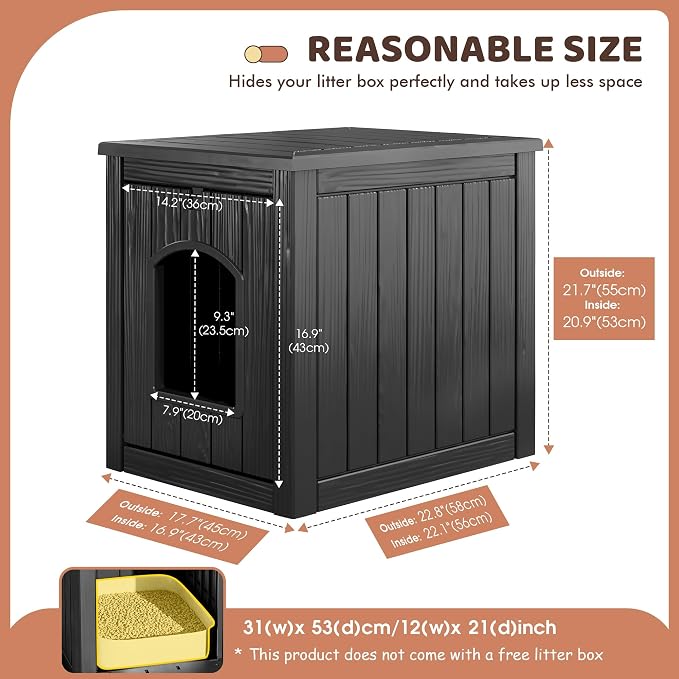 KAMABOKO Cat Litter Box Enclosure, Waterproof Plastic Hidden Litter Box Furniture with Openable Door, Multi-Functional Cat Furniture for Living Room Bedroom (Black)