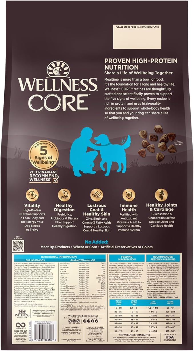 Wellness CORE Adult Dry Dog Food, Grain Free Kibble, Natural, High Protein, Chicken Free, Whitefish, Herring and Salmon Recipe, 12 lb Bag