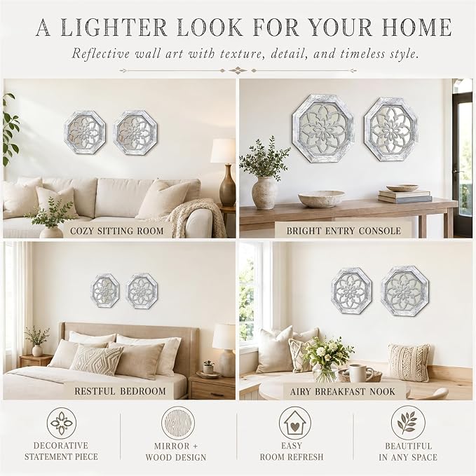 2 Pack 12 Inch Octagon Grey Rustic Wood Frame Acrylic Wall Mirrors, Farmhouse Boho Wall Art Decor for Living Room, Bedroom, Hallway, Entryway, Bathroom & Office
