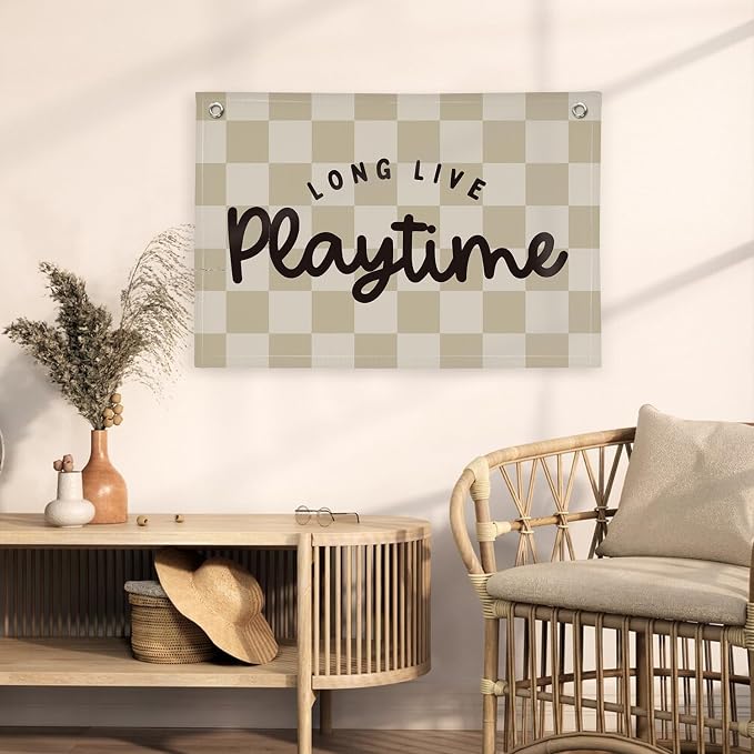 Playroom Wall Decor, Long Live Playtime Banner, Checkered Canvas Wall Banner for Playroom, Toddler Room, Boys/Girls Kids Room, Classroom, Playtime