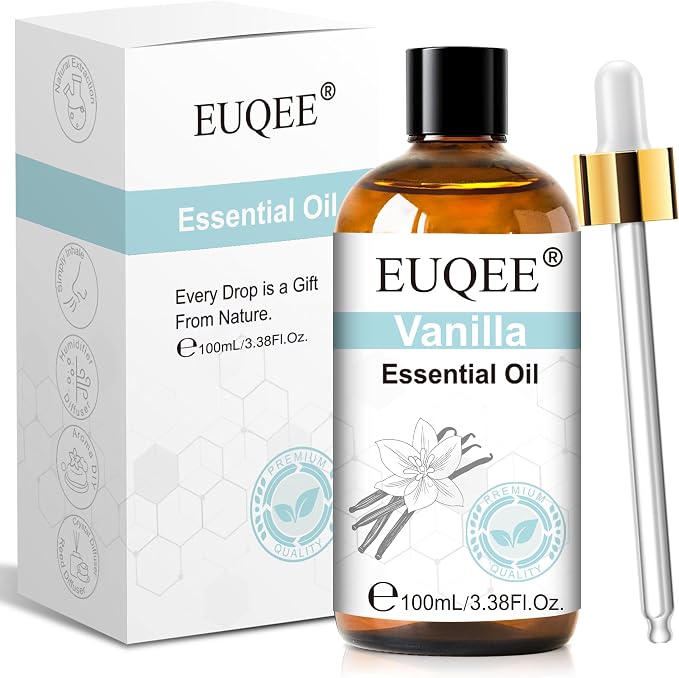 EUQEE Vanilla Essential Oil 118 ml Pure Vanilla Oil with Glass Dropper, Great for Diffusers, DIY Bath Bombs, Soap & Candle Making - 4Fl.Oz