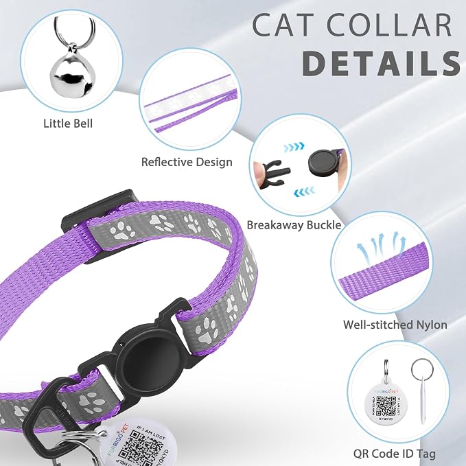 Breakaway Reflective Cat Collar with QR Name Tag & Bell (Light Purple)