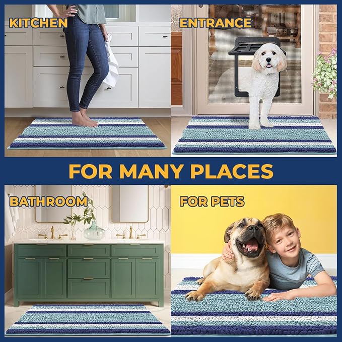 Muddy Mat® Super Absorbent Loop-Thread Chenille Dog Door Mat for Muddy Paws – Non-Slip, Machine Washable Indoor Entry Rug, Quick-Dry Pet Mat for Entryway – Ocean Stripes 19"x30"
