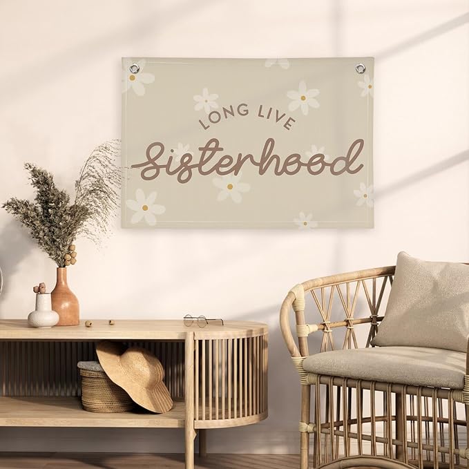 Cute Daisy Girls Room Decor, Long Live Sisterhood Linen Hanging Banner Flag,Boho Flower Banner for Nursery Playroom Wall Decor for Kids Bedroom Dorm Toddler Decorations 30x20,girlroom