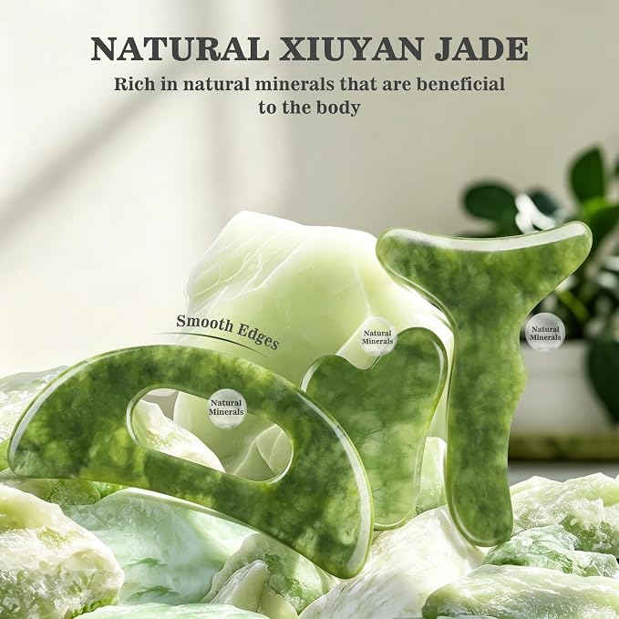 Body Gua Sha Tools,3 in 1 Jade Stone Gua Sha Massage Tool, Large Guasha Muscle Scraper Tools Set, Muscle Scraping Massage Anti Cellulite SPA Acupuncture Tools for Back Leg Lymphatic Drainage